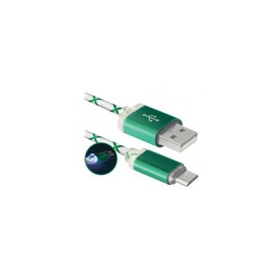 Кабель USB 2.0 Am=>micro B - 1.0 м, подсветка, зеленый, Defender USB08-03LT (87557)