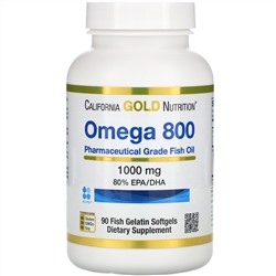 California Gold Nutrition, Омега 800 производства Madre Labs, рыбий жир фармацевтического класса, 80 % ЭПК/ДГК, в форме триглицеридов, 1 000 мг, 90 мягких капсул с рыбным желатином