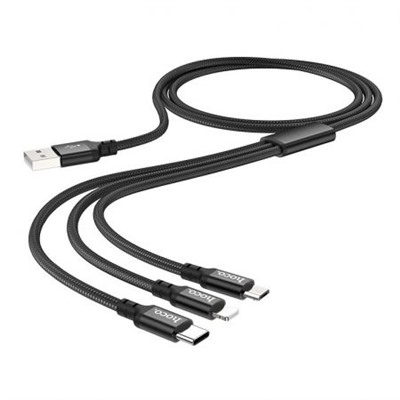 Кабель USB 2.0 Am=>Apple 8 pin Lightning + Type C + microUSB, 1 м, черный, ткан. оплетка, Hoco X14