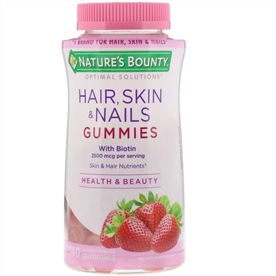 Nature's Bounty, Optimal Solutions, для волос, кожи и ногтей, с ароматом клубники, 2500 мкг, 140 жевательных конфет