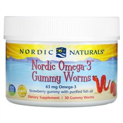 Nordic Naturals, Жевательные червячки Nordic Omega-3 со вкусом клубники, 63 мг, 30 жевательных червячков