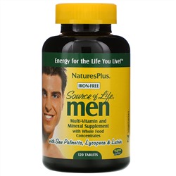 Nature's Plus, Source of Life, не содержащая железа поливитаминная и минеральная добавка с концентратами цельных продуктов для мужчин, 120 таблеток
