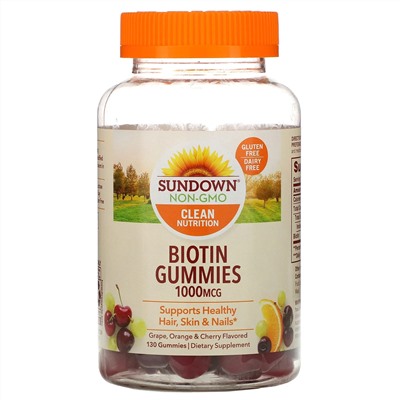 Sundown Naturals, Biotin Gummies, Grape, Orange and Cherry Flavored, 1,000 mcg, 130 Gummies