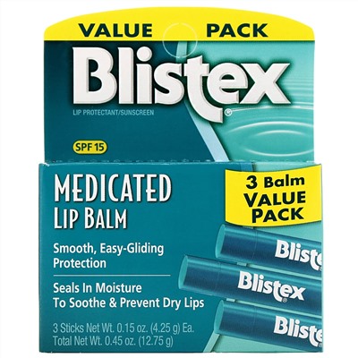 Blistex, заживляющий бальзам для губ, защита губ с солнцезащитным фильтром, SPF 15, в упаковке 3 бальзама по 4,25 г (0,15 унции)