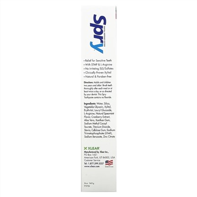 Xlear, Natural Spry, зубная паста против зубного налета, без фтора, мята, 141 г (5 унций)