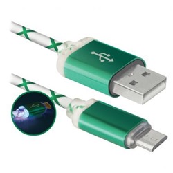 Кабель USB 2.0 Am=>micro B - 1.0 м, подсветка, зеленый, Defender USB08-03LT (87557)