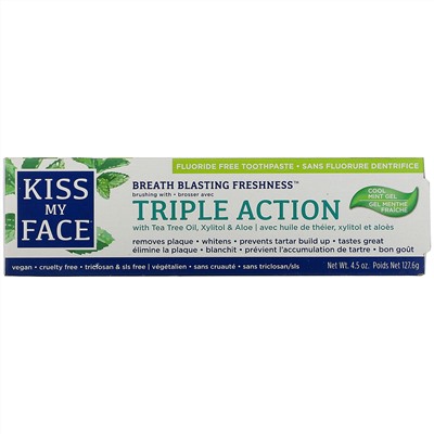 Kiss My Face, зубная паста тройного действия с маслом чайного дерева, ксилитолом и алоэ, без фтора, гель со вкусом освежающей мяты, 127,6 г (4,5 унции)
