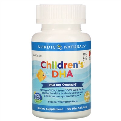 Nordic Naturals, ДГК для детей, клубника, для детей 3–6 лет, 62.5 мг, 90 желатиновых мини-капсул
