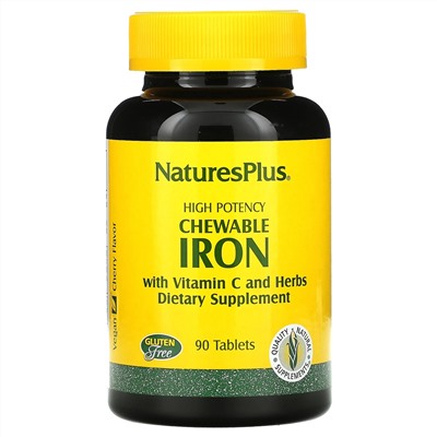 Nature's Plus, высокоэффективное железо с витамином C и травами, вишневый вкус, 90 жевательных таблеток
