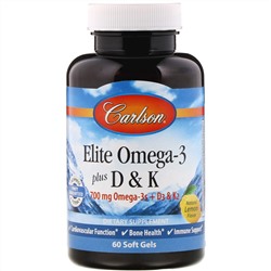 Carlson Labs, Комплекс омега-3 и витаминов D и K, натуральный вкус лимона, 60 мягких таблеток