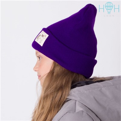 ШЗ20-75091716  Двухслойная шапка с подворотом и нашивкой "единорог", фиолетовый