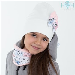 ШВ20-86110490 Комплект: шапка двухслойная с бантом милые кролики, молочный + снуд двухслойный цвета милые кролики (внутри пудра)