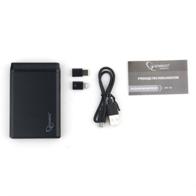 Зарядное устройство Gembird GPB-100, 5000 мА/ч, 2.1A, USB + переходники Type-C, Lightning, черное