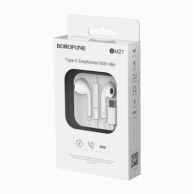 Проводные наушники с микрофоном вкладыши Borofone BM27 Amazing sound, Type-C (white)