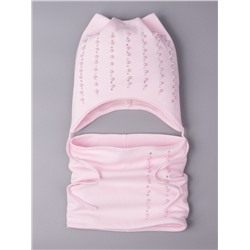 Шапка трикотажная для девочки с ушками на завязках украшена бусинками и стразами+снуд,светло-розовый