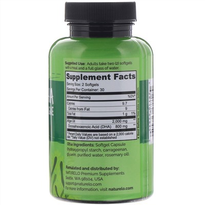 NATURELO, ДГК для веганов, омега-3 из водорослей, 800 мг, 60 веганских капсул