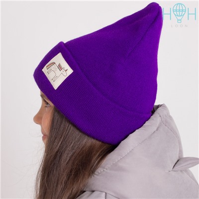 ШЗ20-75091716  Двухслойная шапка с подворотом и нашивкой "единорог", фиолетовый