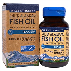 Wiley's Finest, Рыбий жир дикого аляскинского лосося, максимум ЭПК, 1250 мг, 30 мягких капсул из рыбного желатина