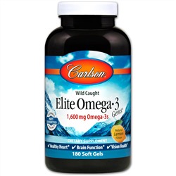Carlson Labs, Пойманная в диких условиях рыба, Elite Omega-3 Gems, вкус натурального лимона, 1600 мг, 180 мягких таблетки