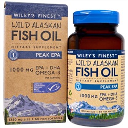 Wiley's Finest, Рыбий жир дикого аляскинского лосося, максимум ЭПК, 1250 мг, 60 мягких капсул из рыбного желатина