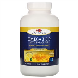 Oslomega, Norwegian Omega 3-6-9 с маслом бурачника, со вкусом лимона, 180 мягких капсул из рыбного желатина