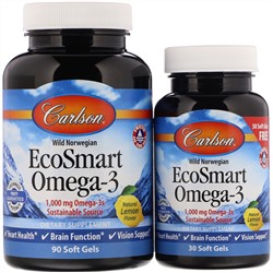 Carlson Labs, EcoSmart Omega-3, натуральный ароматизатор «Лимон», 1000 мг, 90 + 30 желатиновых капсул