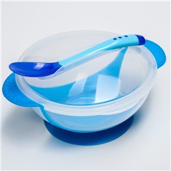 Набор для кормления, 3 предмета: тарелка на присоске 350 мл, крышка, термоложка, цвет синий