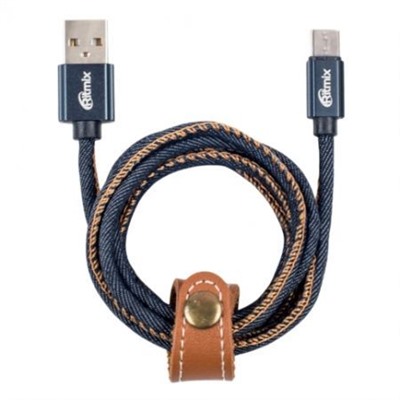 Кабель USB 2.0 Am=>micro B - 1.0 м, джинс. оплетка, метал. разъемы, Ritmix RCC-417