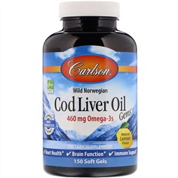 Carlson Labs, Wild Norwegian, Cod Liver Oil Gems, Natural Lemon Flavor, 460 mg, 150 Soft Gels