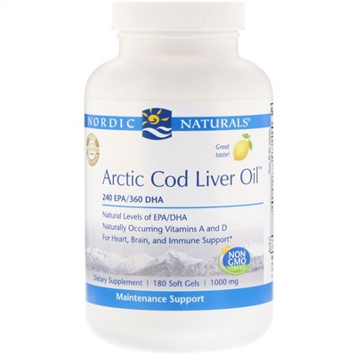 Nordic Naturals, Arctic Cod Liver Oil, Lemon, 1,000 mg, 180 Softgels