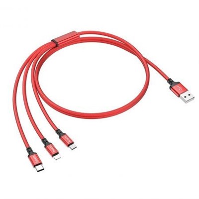 Кабель USB 2.0 Am=>Apple 8 pin Lightning + Type C + microUSB, 1 м, красный, ткан. оплетка, Hoco X14
