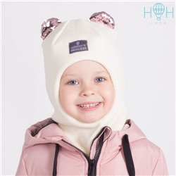 ШЗ20-59111727 Зимняя шапка-шлем с маленькими ушками из пайеток и нашивкой "Mommy`s princess", молочный