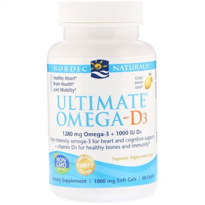 Nordic Naturals, Омега-D3 Ultimate, лимон, 1000 мг, 60 гелевых капсул