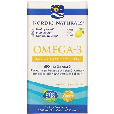 Nordic Naturals, Omega-3, Lemon, 1,000 mg, 60 Soft Gels