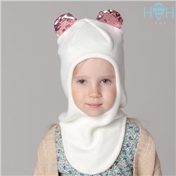 ШД20-69111790 Шапка-шлем демисезонный с ушками мишки из пайеток, молочный