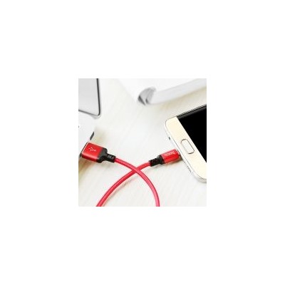 Кабель USB 2.0 Am=>micro B - 1.0 м, тканевая оплетка, красно-черный, Hoco X14