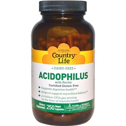 Country Life, Бактерии Acidophilus с пектином, 250 растительных капсул