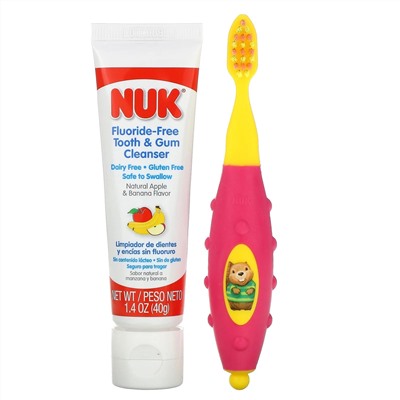 NUK, Grins & Giggles, набор зубных щеток для малышей, мягкие, от 12 месяцев, 1 очищающее средство и 1 щетка