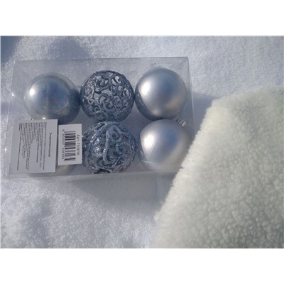 Набор шаров пластик d-6 см, 6 шт серебро/блестки-резные
