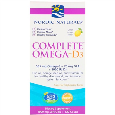 Nordic Naturals, Полный комплекс Омега-D3, лимон, 1000 мг, 120 капсул