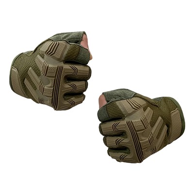 Тактические перчатки для спецоперации беспалые хаки-олива  (B53) №114 - На тыльной стороне ладони расположены накладки из термопластичной резины, защищающие суставы и фаланги от негативного внешнего воздействия