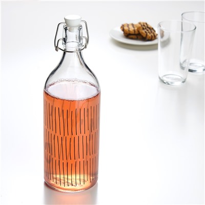 KORKEN КОРКЕН, Бутылка с пробкой, прозрачное стекло/с рисунком черный, 1 л