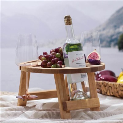 Столик-поднос для вина Adelica, с менажницей и складными ножками, на 2 персоны, d=32×1,8 см, берёза