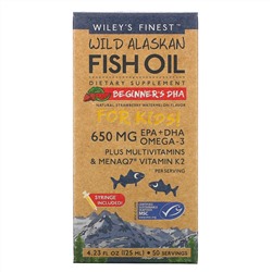 Wiley's Finest, жир диких аляскинских рыб, для детей, ДГК для начинающих, натуральный вкус клубники и арбуза, 650 мг, 125 мл (4,23 жидк. унции)