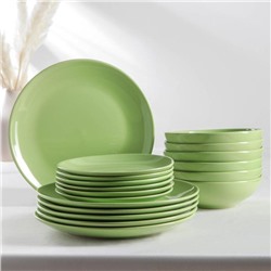 Набор тарелок Доляна «Пастель», 18 предметов: 6 тарелок d=19 см, 6 тарелок d=27 см, 6 мисок d=19 см, цвет зелёный