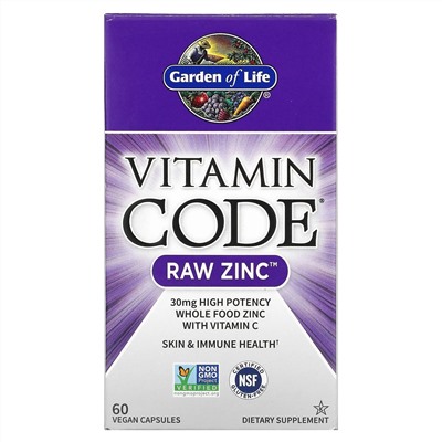Garden of Life, Vitamin Code, RAW Zinc, 60 веганских капсул