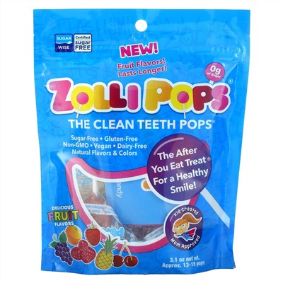 Zollipops, леденцы для чистки зубов со вкусом фруктов, прибл. 13–15 леденцов, 88 г (3,1 унции)