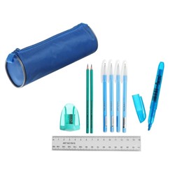 Набор канцелярский 10 предметов (Пенал-тубус 65 х 210мм, ручки 4 штуки цвет синий , линейка 15 см, точилка, карандаш 2 штуки, маркер-текстовыделитель), цвет синий