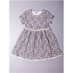 Платье трикотажное с коротким рукавом для девочки, мелкие цветочки, белый