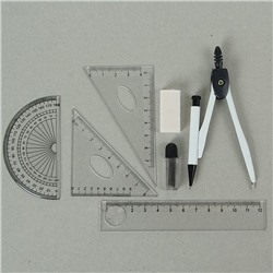 Циркуль металлический 120 мм в пластиковом пенале, с механическим карандашом, грифелями, ластиком, линейкой, 2 треугольниками и транспортиром